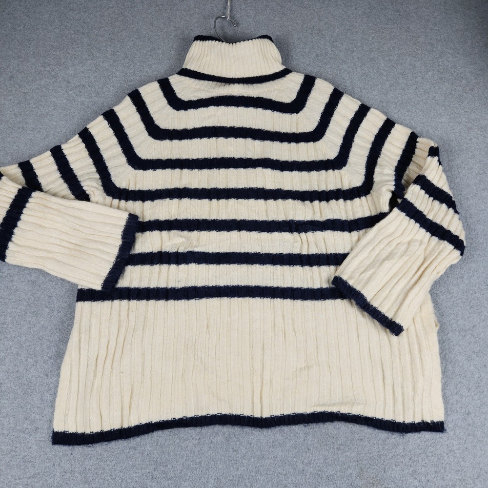 H&M Sweater Womens Medium Cream Navy Blue Striped Turtleneck Ribbed Relaxed Fit